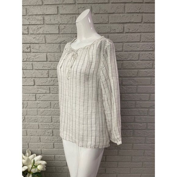 Eileen Fisher Women 100% Linen Striped Keyhole Neckline Blouse Size M - Picture 3 of 10